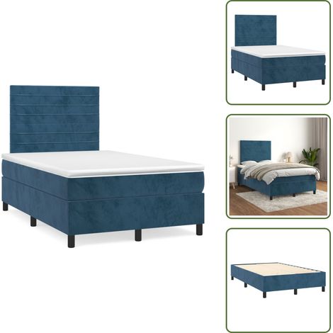 The Living Store Sommier à lattes de lit et matelas bleu foncé 120x190cm velours - Lit Double - Lit Tapissier - Literie - Chambre À Coucher - Matelas (1/5)