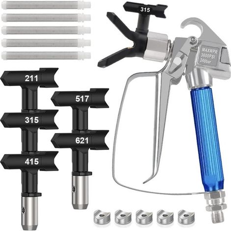 Ein 11-teiliges Set aus Airless-Spritzpistolen und Spritzzubehör, einschließlich Düsenschutz, Düsenköpfen und Filtern. (1/5)