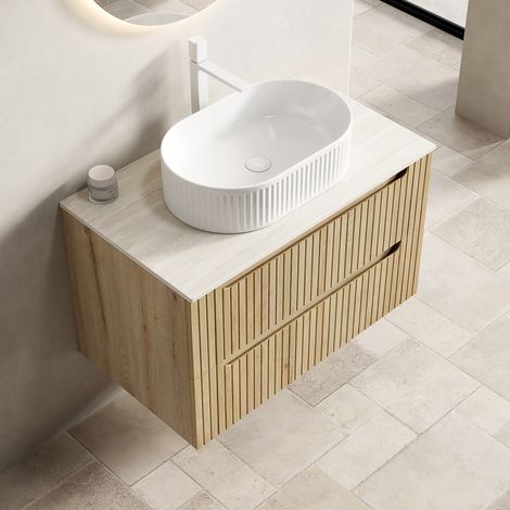 Meuble vasque suspendu 80 cm avec lavabo ovale blanc, plateau en pierre frittée, chêne blanc (1/5)