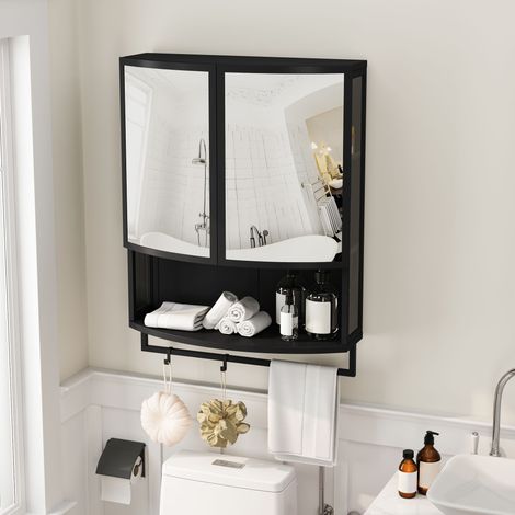 Armadietto pensile in ferro nero con ante curve a specchio, 60 x 22,5 x 80 cm, 2 ripiani chiusi e 1 vano aperto