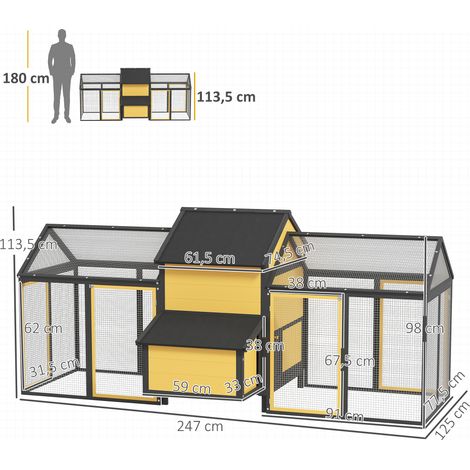 Poulailler/clapier pour petits animaux avec 2 enclos extérieurs, 1 pondoir, 2 rampes, toit en asphalte, résistant aux intempéries, jaune (1/5)