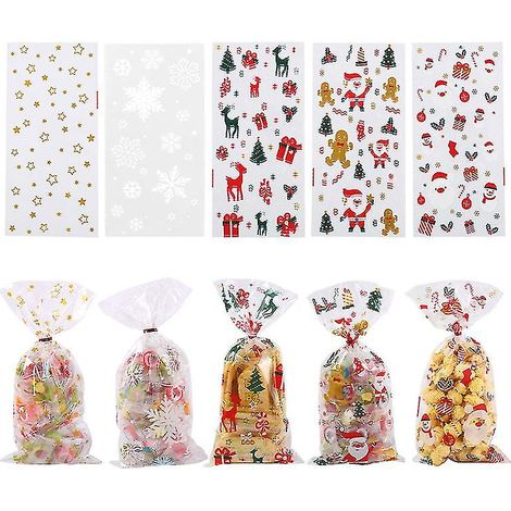 100 sachets à biscuits de Noël, sachets cadeaux de Noël en plastique transparent (1/4)