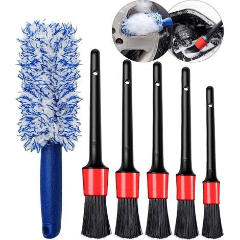 Lot de 6 brosses de nettoyage pour voiture, brosse de nettoyage pour roues de voiture et brosse de nettoyage de voiture (lot de 5), brosse de détail automobile et brosse de nettoyage de roue (1/5)