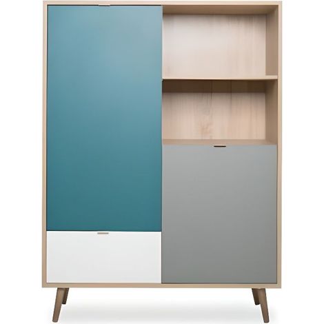 Buffet haut - Chêne Sonoma, blanc, gris et bleu - Style scandinave - CUBA - L 103 x P 40 x H 139 cm (1/5)
