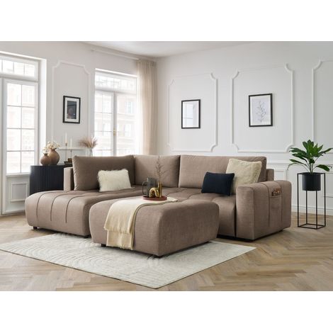 BOBOCHIC - Canapé d'angle L convertible coffre ARSENE tissu velours avec pouf Angle gauche Taupe (1/5)