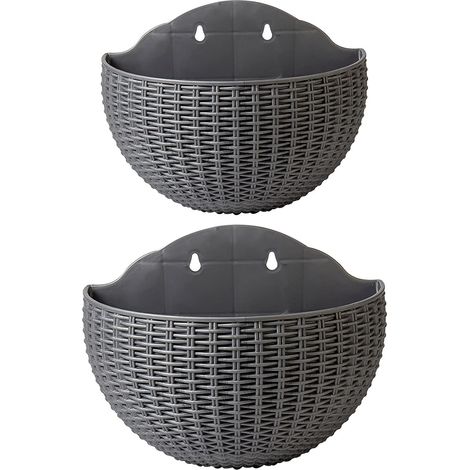 Set aus 2 Wand-Blumentöpfen aus Rattan-Imitat, Halbrund, mit Ablaufloch und Haken, aus Kunststoff, für Balkon, Zaun (Grau) (1/5)
