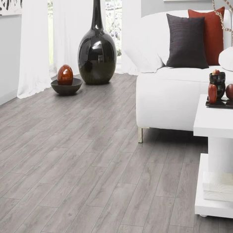 Pavimento laminato in fibra di legno con strato protettivo in corindone rovere grigio ad incastro alta resistenza usura e macchie per riscaldamento (1/5)