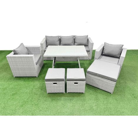 Fimous 8 Pieces Outdoor PE Rattan Sofa Armchair Set Patio Garden Furniture Sets with Cushions 3 Stools Light Grey (1/4)