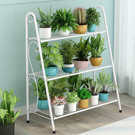 Support de plantes à 3 niveaux en métal - Pour l'intérieur et l'extérieur - Échelle décorative peu encombrante - Pour salon, balcon, jardin - Blanc (1/3)