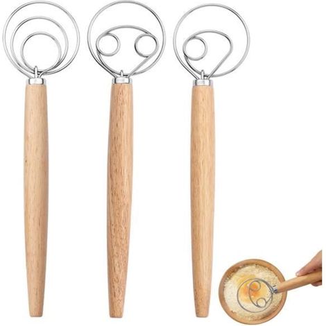 3 pièces Fouet à Pâte, Fouet à pâte danois, Mélangeur à Manche en Bois, Acier Inoxydable Mélangeur Pâte à Main,(3 tailles incluses) (1/4)