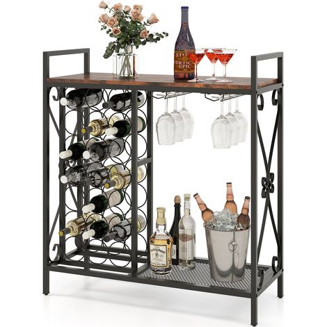 Casier à Vin pour 21 Bouteilles, Organisateur de Bouteilles de Vin sur Pied avec Support en Verre et Plan de Travail en Bois, 93 x 38 x 102 cm (1/5)