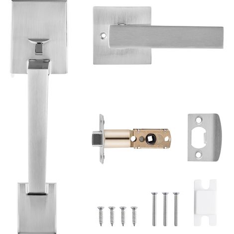 Mophorn Juego de manijas para puerta delantera, sin cerradura, con palanca cuadrada, manivela reversible para uso con mano derecha o izquierda, incluye accesorios de instalación, acabado en níquel (1/5)