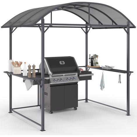 Abri pour barbecue 240 x 150 x 220 cm avec étagères, en métal gris et toit en polycarbonate