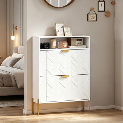Schuhschrank schmal 80x23,7x110 cm für 16 paare - schuhkipper mit 2 klappen und offenem fach - moderner flurschrank aus mdf und stahl - weiß und gold (1/5)