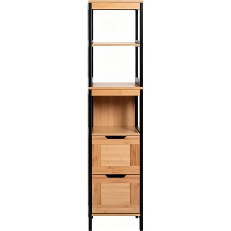 CHICFURN Colonna bagno 30x30x144,3 cm bambù nero, con 2 cassetti (1/5)