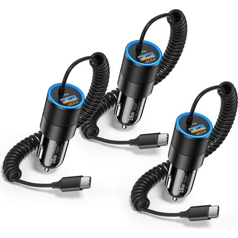 Lot de 3 chargeurs de voiture USB C, chargeur de téléphone de voiture à charge rapide de 38 W + câble spiralé de type C de 0,9 m, adaptateur de chargeur de voiture PD&QC 3.0 compatible avec iPhone 16 (1/5)