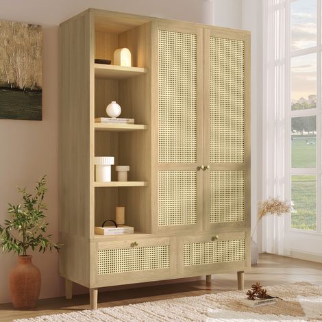 Armoire penderie 120x50x180 cm, dressing effet chêne avec portes en rotin tressé, 4 étagères ouvertes, 2 tiroirs et tringle