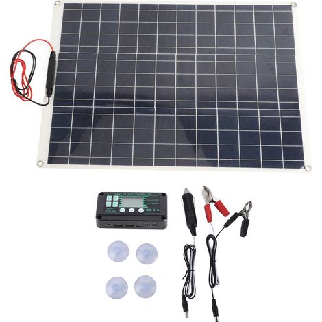 Ortviai Kit Solaire Portable 300 W Panneau Monocristallin 70 x 50 cm avec Contrôleur, Pinces Batterie et Embout Allume-Cigare