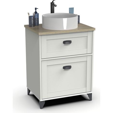 Meuble sous-vasque sur pieds avec 1 tiroir et 1 porte (sans lavabo) coloris Blanc/Chêne cambrian - Longueur 61 x Hauteur 80 x Profondeur 47 cm (1/3)