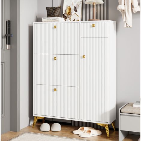 Mobile porta scarpe stretto a 3 ribalte, 1 cassetto e 1 anta, bianco, 90 x 25 x 121 cm DESVIAE (1/5)