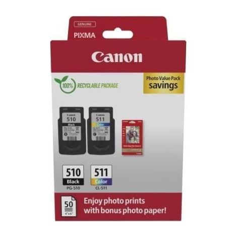 Pack de 2 cartouches d'encre + pack papiers photo - CANON - PG-510 Noir + CL-511 Couleur (1/3)
