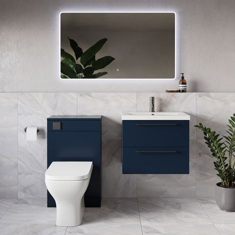Napoli 390 Deep Blue 1100mm Wall Mounted 2 Drawer Vanity Unit and Toilet Suite with Glide Basin - 1100mm - Gunmetal Grey 320mm HandleWith Kingston Toilet Pan and Seat