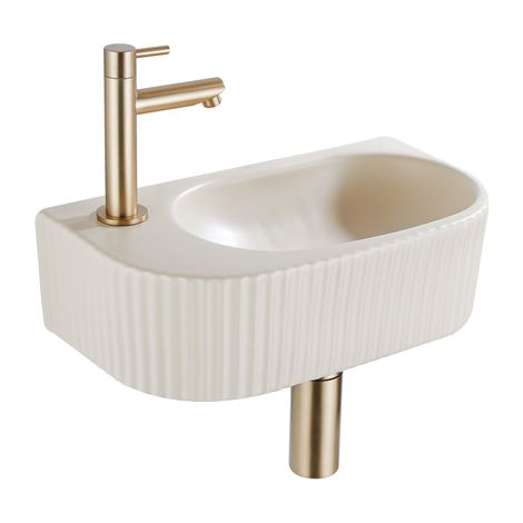 QeramiQ Fuente Ensemble lave-mains - 40x21.5x12cm - gauche - nervuré - demi-rond - 1 trou de robinet - céramique - robinet de lave-mains laiton brossé (1/5)
