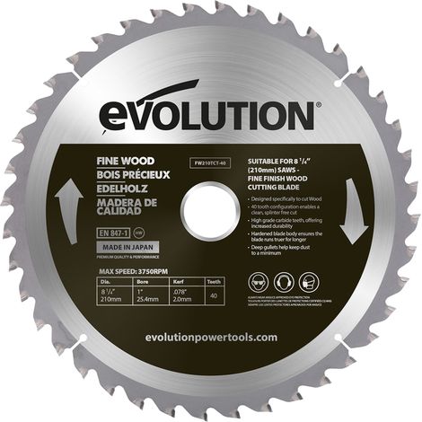 Evolution – Circular saw blade 210mm x 25.4mm – 40 tungsten carbide teeth – For fine wood cutting – Smooth finish without splintering
