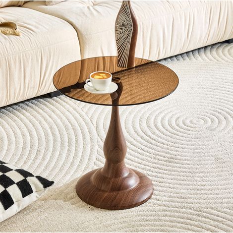 Mesa auxiliar redonda de vidrio tintado marrón, base metálica estable, 50x51,5 cm, estilo moderno (1/5)