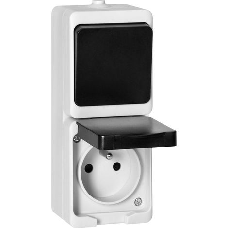 Interruptor unipolar de superficie + base 2P+Z AQUATIC MINI IP54 blanco-negro