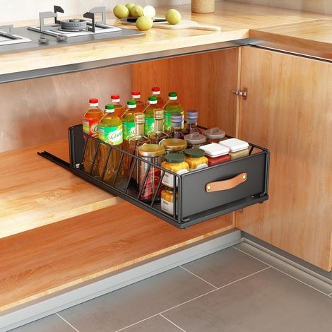 Kitchen Sliding Drawers, Sliding Cabinet Organizers, Mesh Storage Baskets with Handles 25cm Black