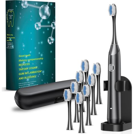 (Boîte noire avec 8 bandeaux de rechange) Brosse à dents électrique sonique pour adultes, rechargeable (1/5)