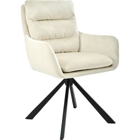 Bon Furni Terciopelo Silla de comedor Blanco Marfil, Set de 1, giratoria 360°, con respaldo segmentado, reposabrazos y patas de metal robustas
