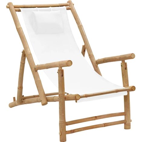 Chaise longue de jardin pliable réglable en bambou et toile blanc crème 60 x 106 x 90 cm - PANGIVO (1/5)