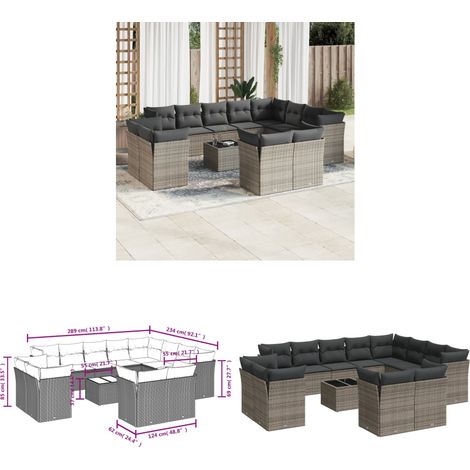 13-tlg. Garten-Sofagarnitur mit Kissen Grau Poly Rattan - Gartenmöbel Set - PE-Rattan Möbel - Outdoor Sofa - Esstisch - Lounge Garnitur - Home & Living (1/3)