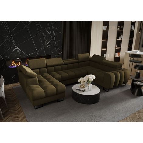 Wohnlandschaft Schlafsofa BASTIEN in Stoff Moly Dunkelgrün Ottomane Links