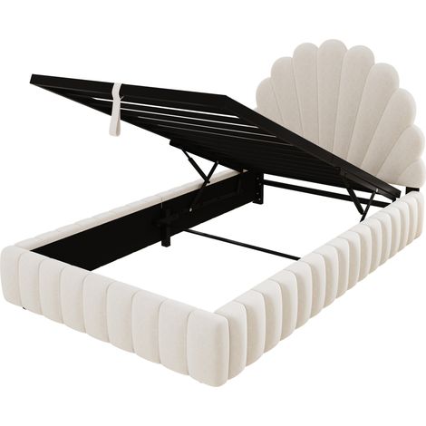 Cama infantil 90 x 200 cm con almacenamiento hidráulico, cabecero floral, terciopelo beige (1/5)
