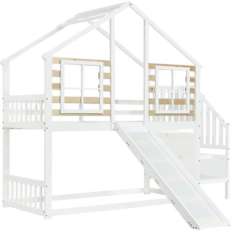 Letto a castello per bambini con scivolo e scala 90x200 cm bianco in legno e MDF MODENUIT (1/5)