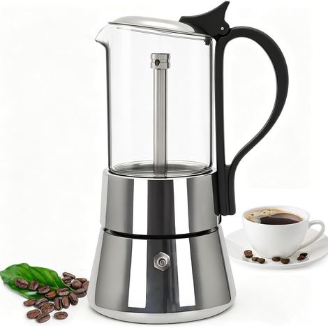 6 Tasse Verre Transparent Moka Cuisinière en Acier Inoxydable non Enrobée Espresso Cafetières Italiennes Mocha Greca Machine Café Cuisinières à Induction Classiques Home Camping 350ml (1/5)