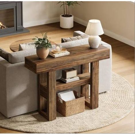 Tavolo consolle ingresso a 2 livelli MDF marrone OKMYHOME (1/5)