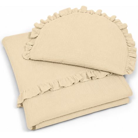 Gefüllte Bettdecke und flaches Kissen mit Musselinrüsche – 2-teiliges Set in Creme (1/5)
