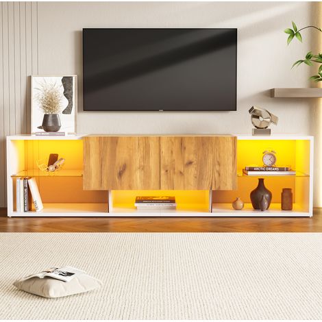 Mobile TV con LED, 160 x 40 x 42 cm, 2 cassetti e ripiani in vetro, bianco e legno naturale HAVRYA (1/5)