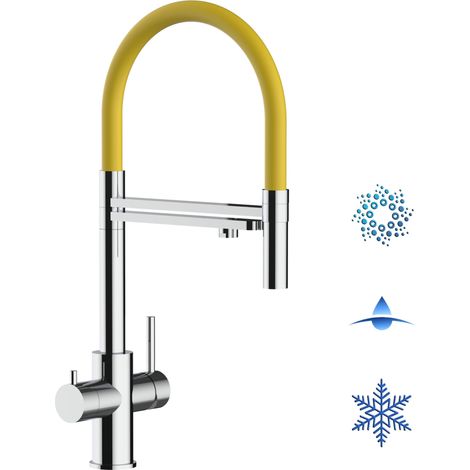 Rubinetto 5 vie miscelatore lavello cucina in Acciaio INOX Lucido - canna gialla movibile e doccia 2 getti staccabile - ACCIAIO CHIRURGICO AISI 316 (1/5)