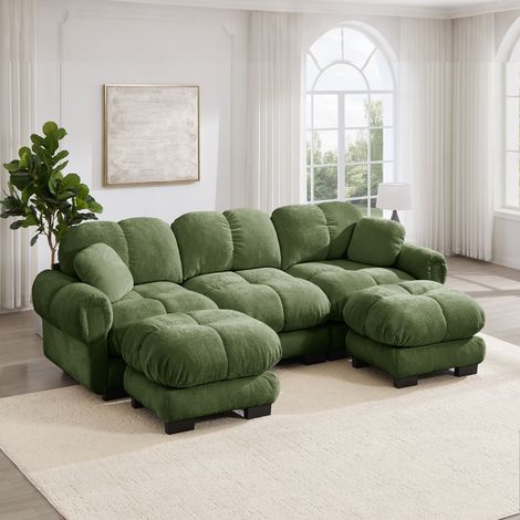 Canapé d'angle 3 places 260 cm canapé modulable en chenille avec 2 poufs mobile, design matelassé, coussins épais, dossier ergonomique, vert (1/5)