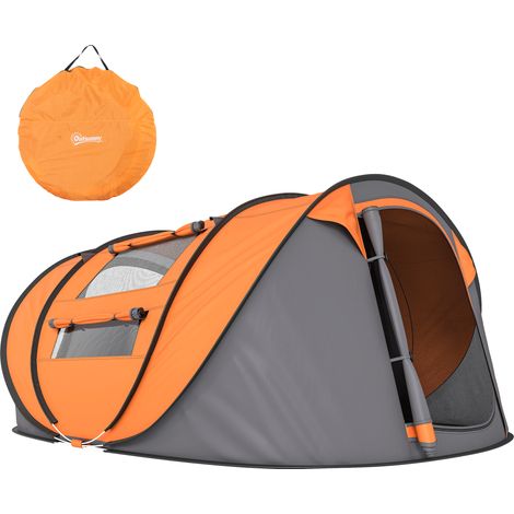 Tente Pop Up 2 Places, 2 Portes et 4 Fenêtres, Toit Imperméable Orange, 263,5x220x123 cm