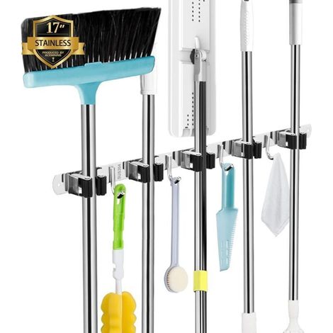Wandmontierter Besenhalter, 5 Halterungen + 4 Haken, Wandmontierter Besenhalter, Wandmontierter Besenhalter ohne Bohren, Besenaufbewahrung, Wandmontierter Besenhalter - Crezuo