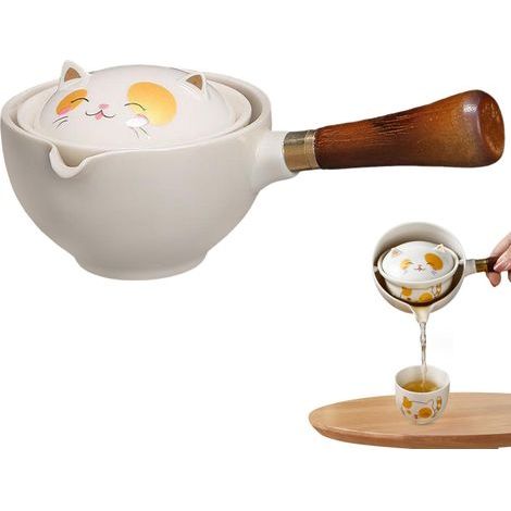 Keramik-Teekanne, um 360 Grad drehbare Teekanne, chinesische Keramik-Teekanne mit abnehmbarem Sieb und Teebereiter mit Holzgriff für die Zubereitung von losem Tee.