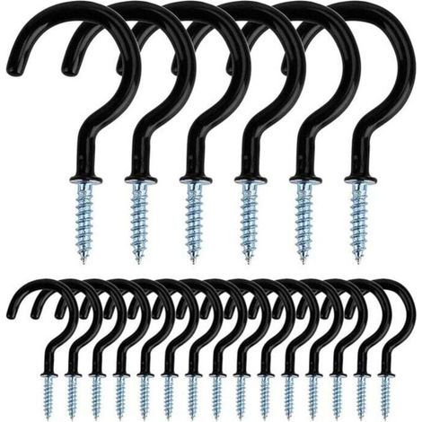Crochets de plafond métalliques à visser, pour une utilisation intérieure et extérieure, pour suspendre tasses, pots, lampes, cordes, 20 pièces (noir) (1/4)