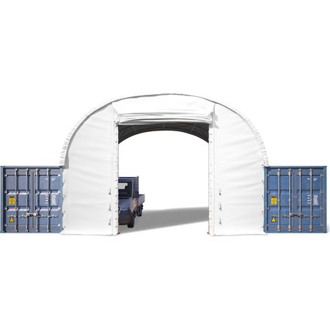 TOOLPORT Parete frontale per copertura container 8m di larghezza – telone PRIMEtex 2300 in PVC, bianco, con ingresso a pacchetto (1/5)