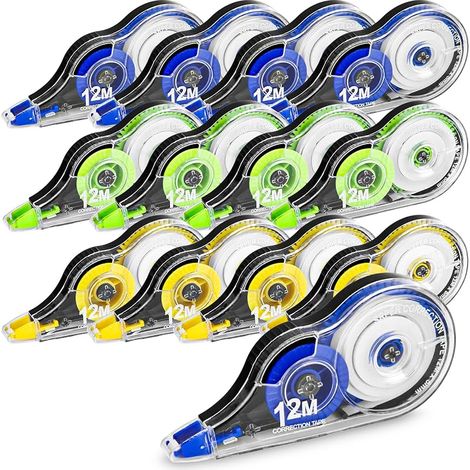 Mixara Lot de 12 rouleaux correcteurs souris, 12 m x 5 mm, ruban correcteur avec capuchon de protection, rouleau Tippex en 3 couleurs (jaune, bleu, vert) pour étudiant, bureau, école et maison (1/4)